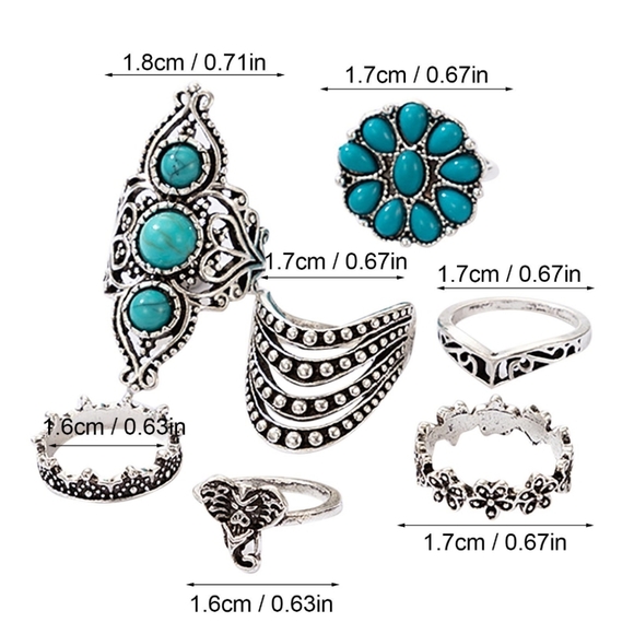 Vintage Turquoise Elephant Geometric Ring 7pcs/SetBoho Style Decor Jewelry - Picture 3 of 10